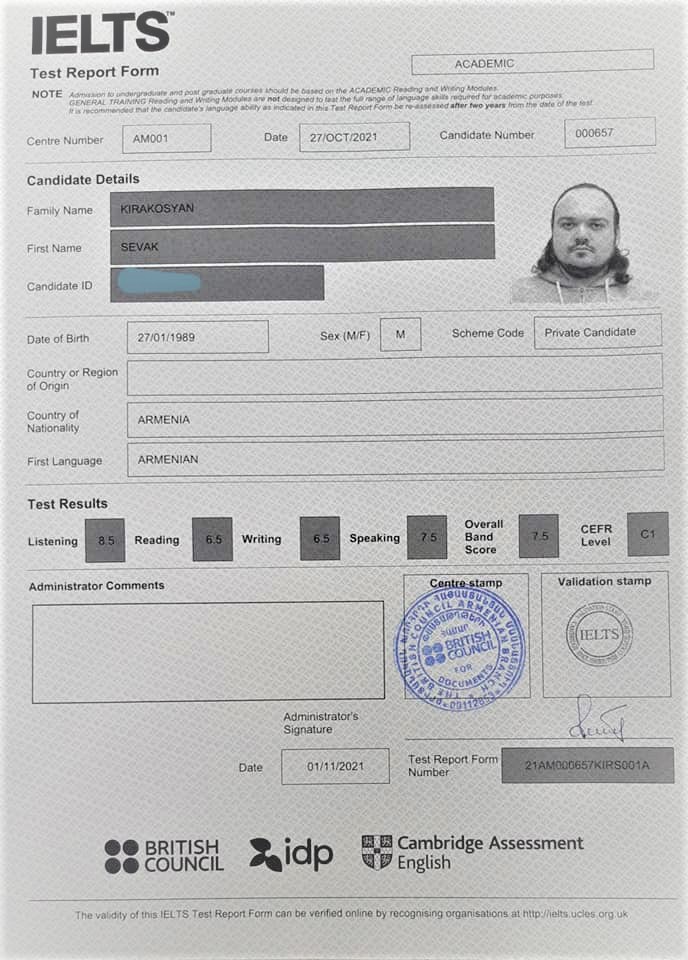 IELTS Certificate Sevak Kirakosyan