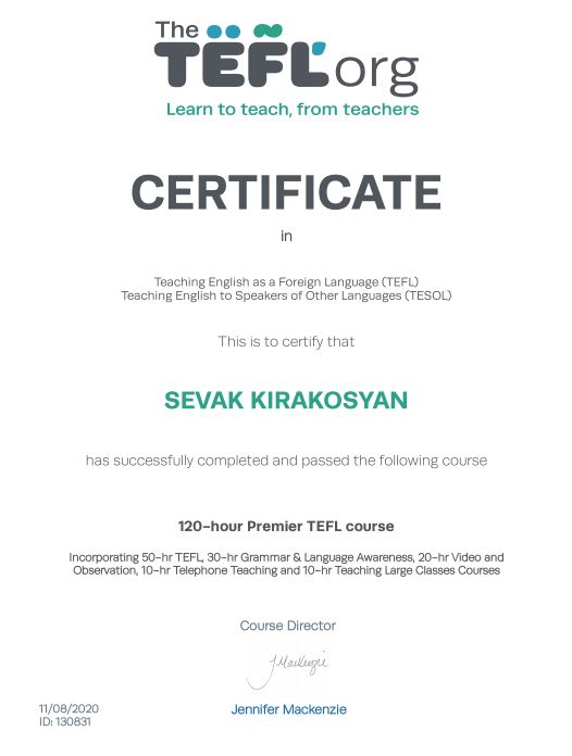 English Teacher Certificate Sevak Kirakosyan